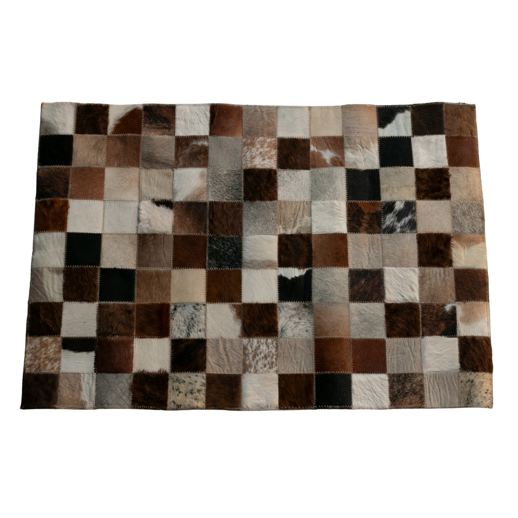 Tapete de Piel con Pelo 92×64 cm – Diseño de Cuadros Blanco, Café y Negro