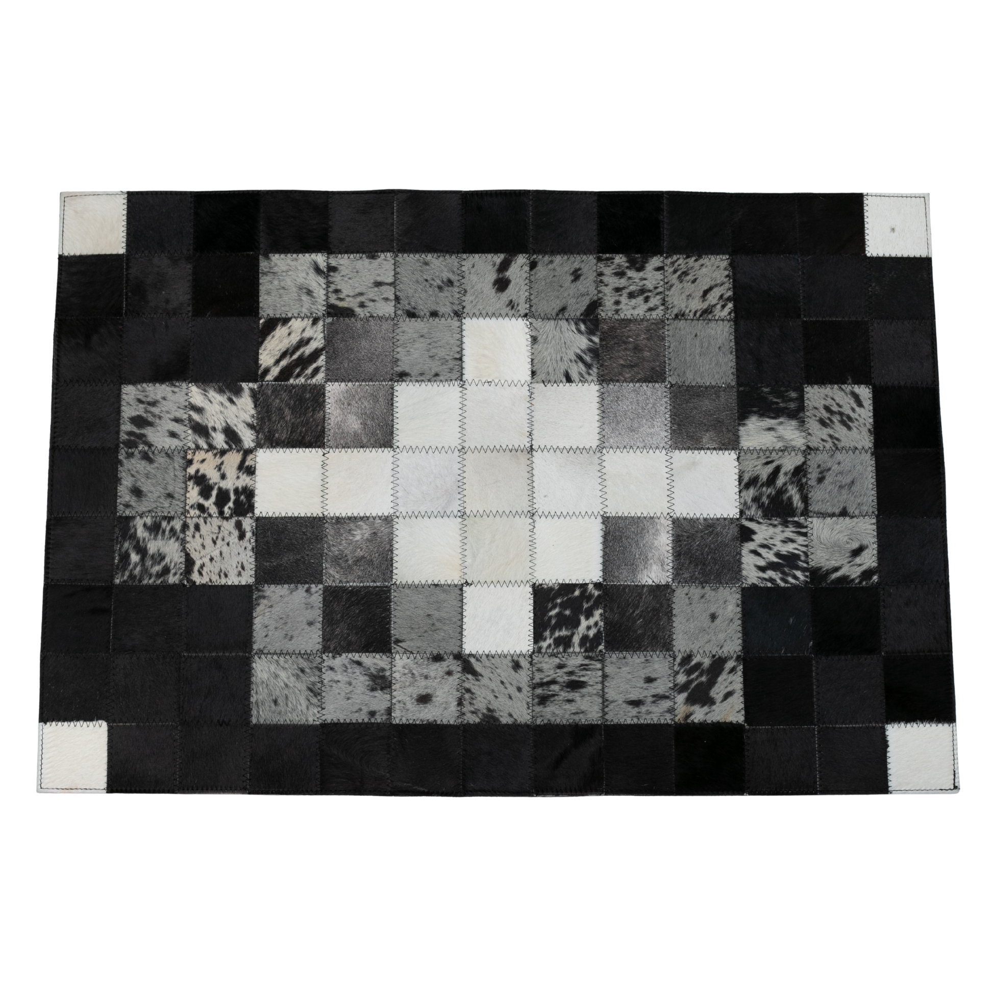 Tapete Pie de Cama de Cuero con Pelo | Diseño de Cuadros en Negro, Blanco y Gris