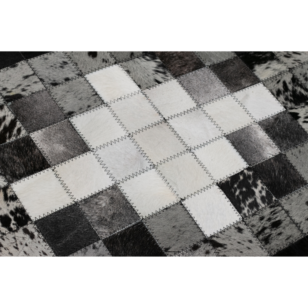Tapete Pie de Cama de Cuero con Pelo | Diseño de Cuadros en Negro, Blanco y Gris