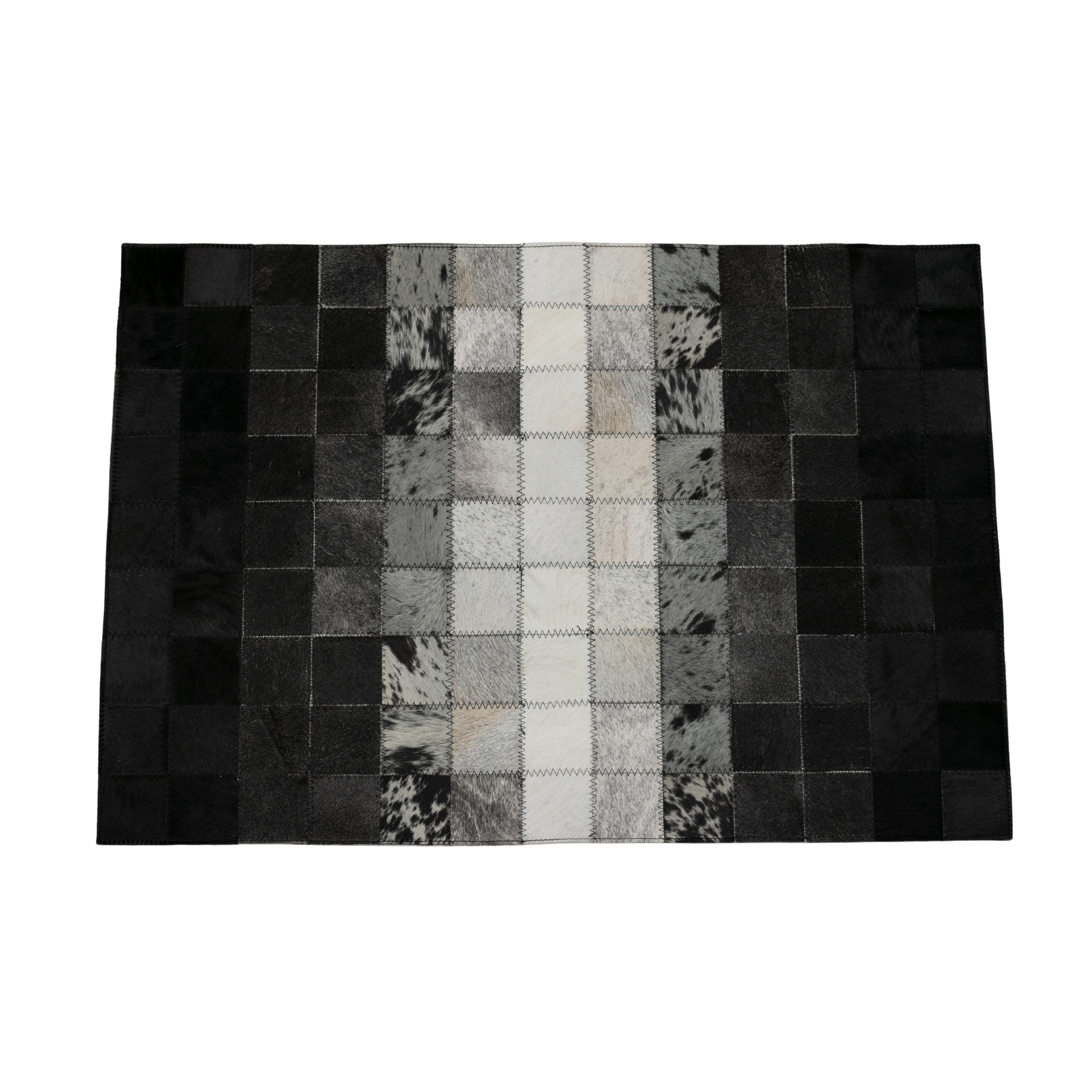 Tapete pie de cama de cuero con pelo con diseño degradado en negro, gris y blanco